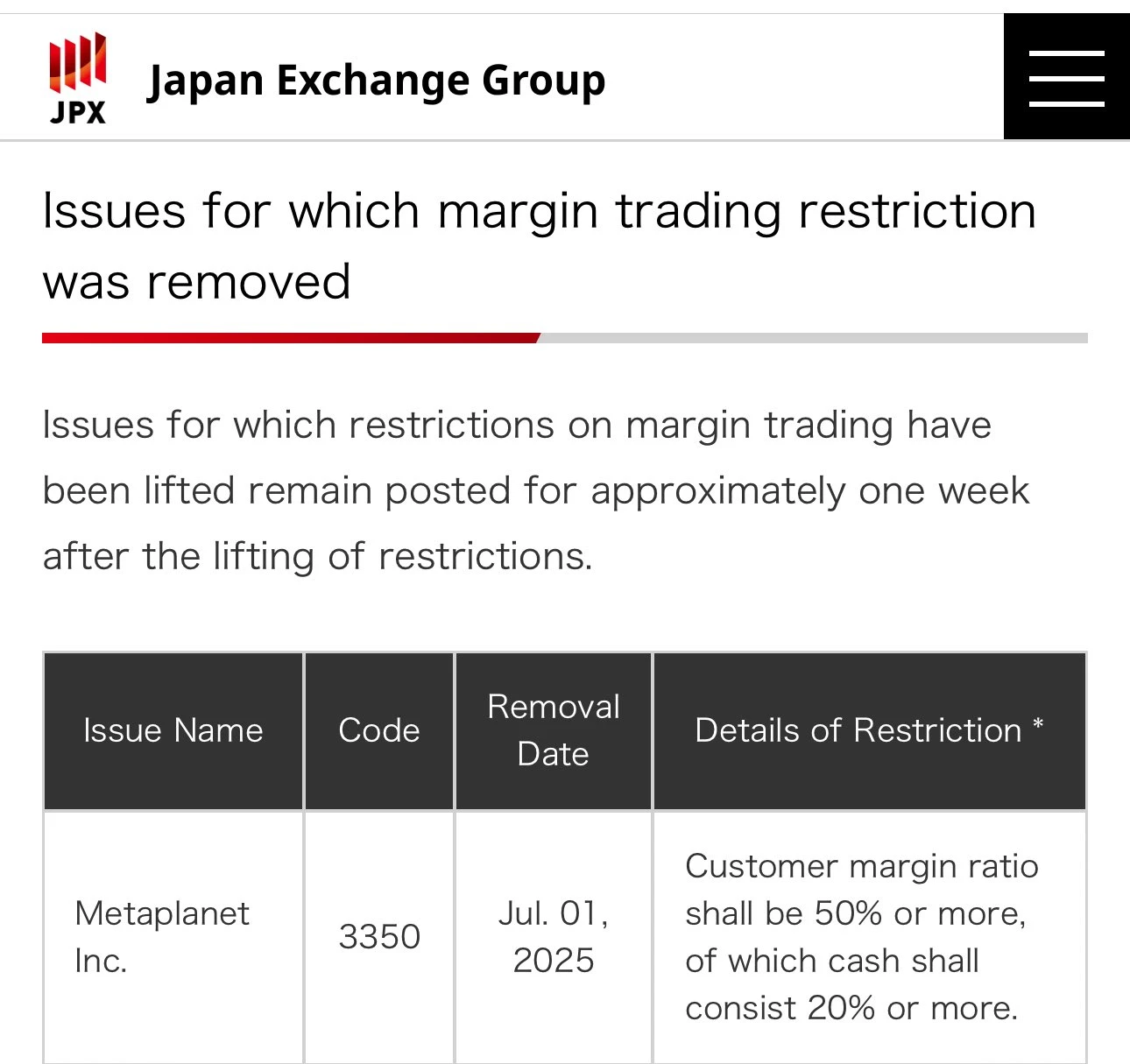 东京证券交易所将于 7 月 1 日恢复 Metaplanet 保证金交易
