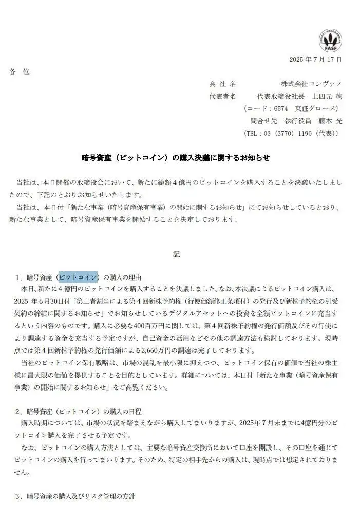 日本上市公司 Convano 启动比特币储备战略 计划7月内购入270万美元比特币