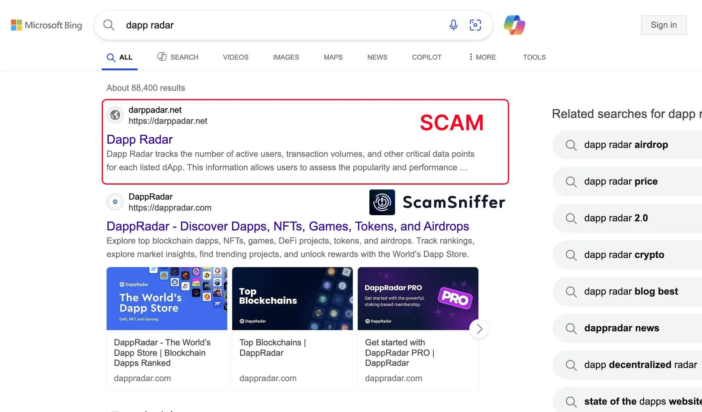 必应搜索DappRadar首现钓鱼网站 Scam Sniffer提醒用户核实网址