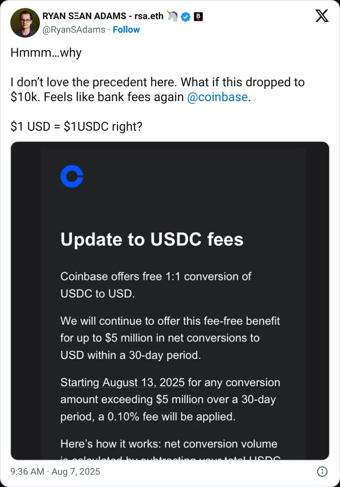 Coinbase将于8月13日对大额USDC兑换美元交易收取0.1%费用