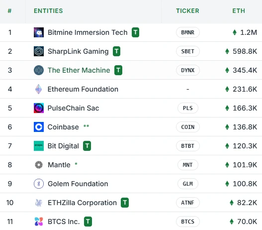 ETHZilla以太坊持仓量达8.22万枚，跻身财库公司前十