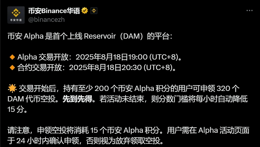 币安Alpha上线Reservoir（DAM）现货及合约交易，同步启动积分空投活动