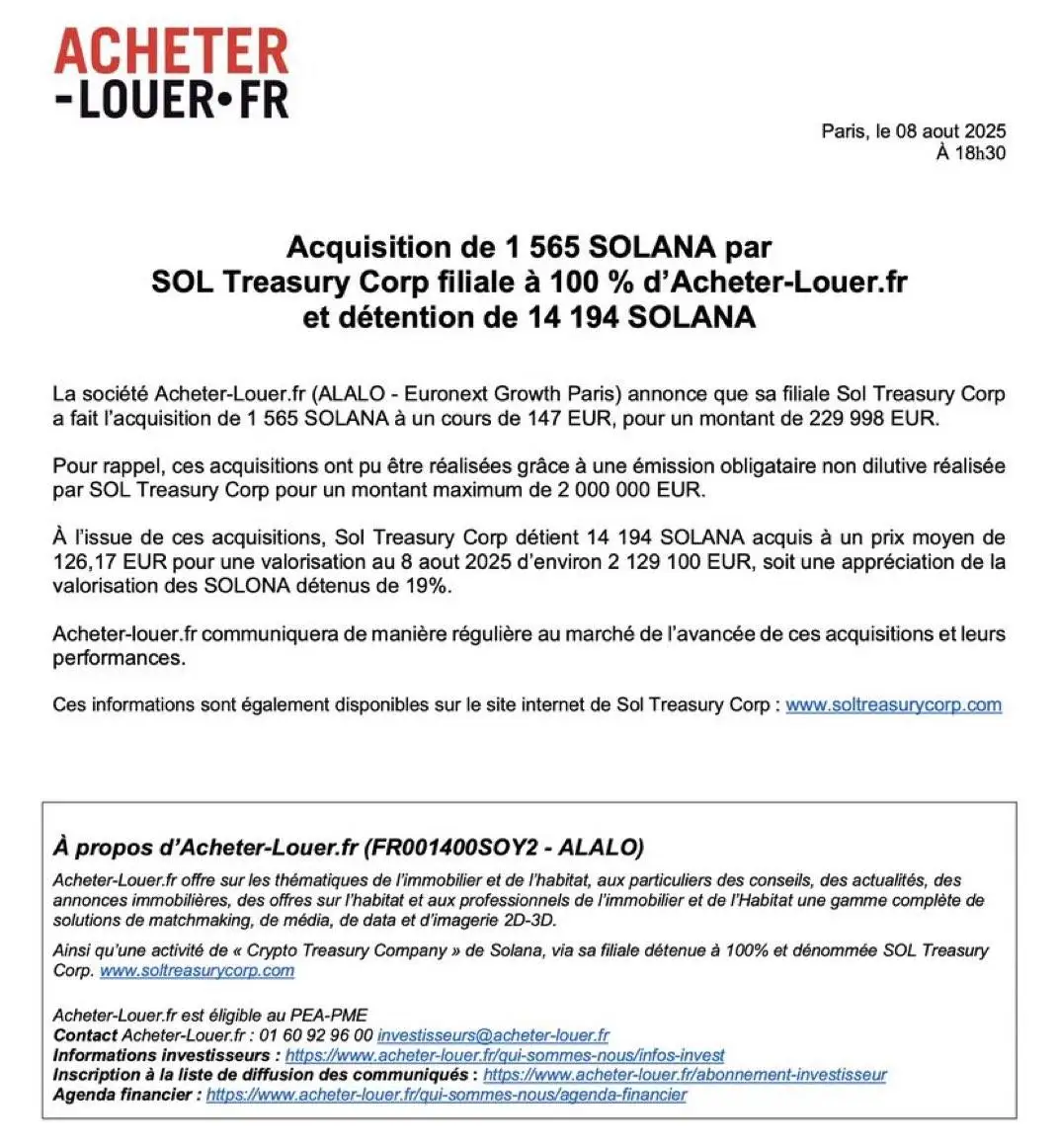 法国上市公司Acheter-Louer.fr子公司增持1,565枚SOL 持仓总量达14,194枚