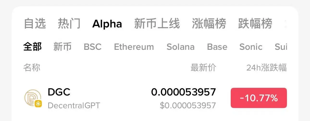 币安Alpha平台新增DecentralGPT（DGC）代币