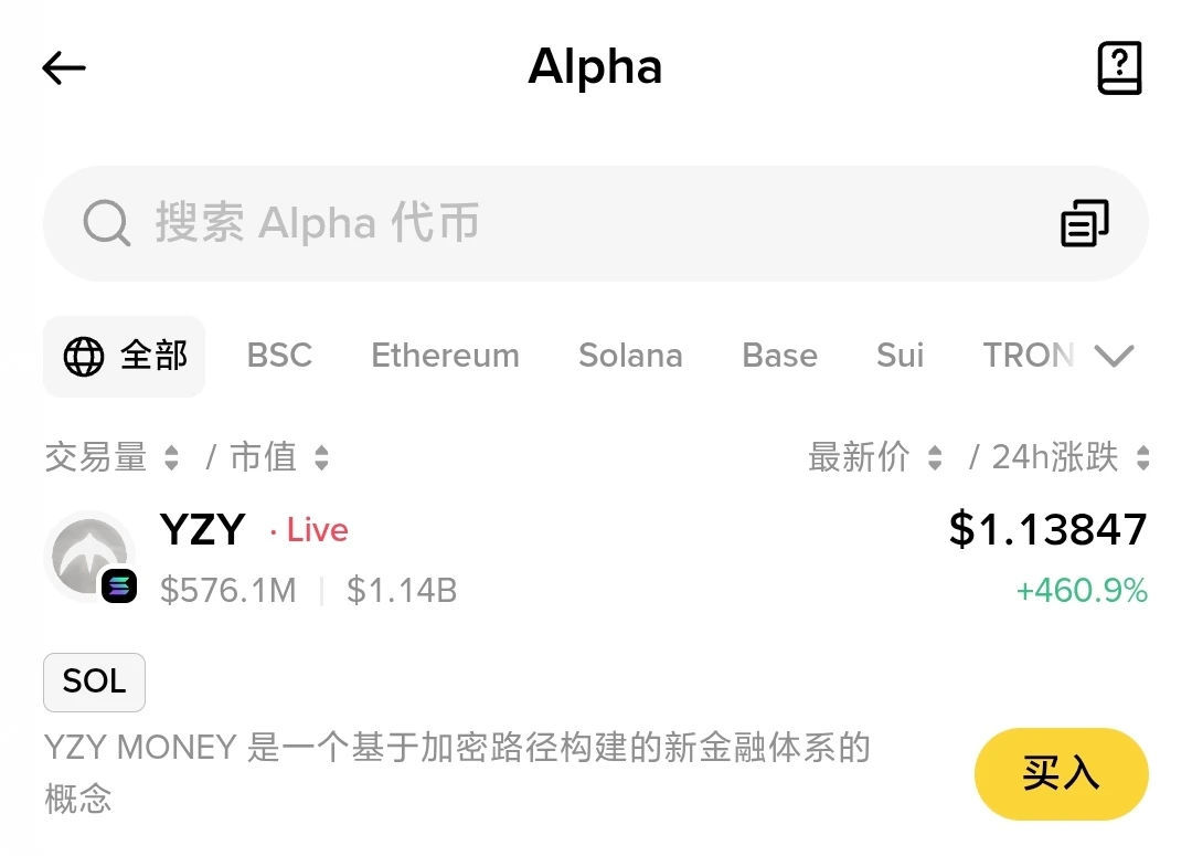 Binance Alpha平台正式上线YZY代币