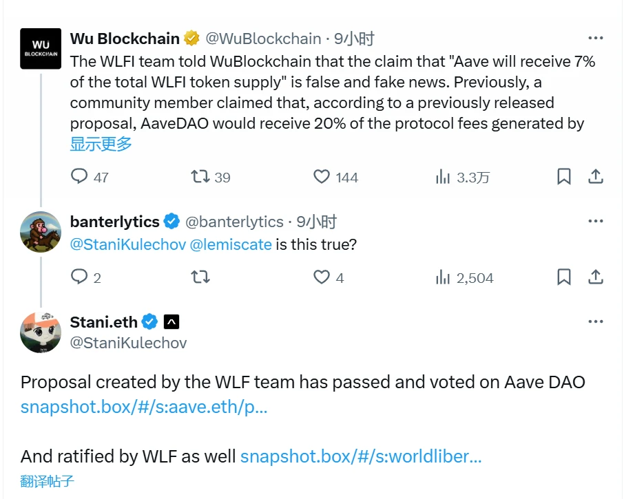 Aave创始人回应WLFI代币分配争议，提案已获批准