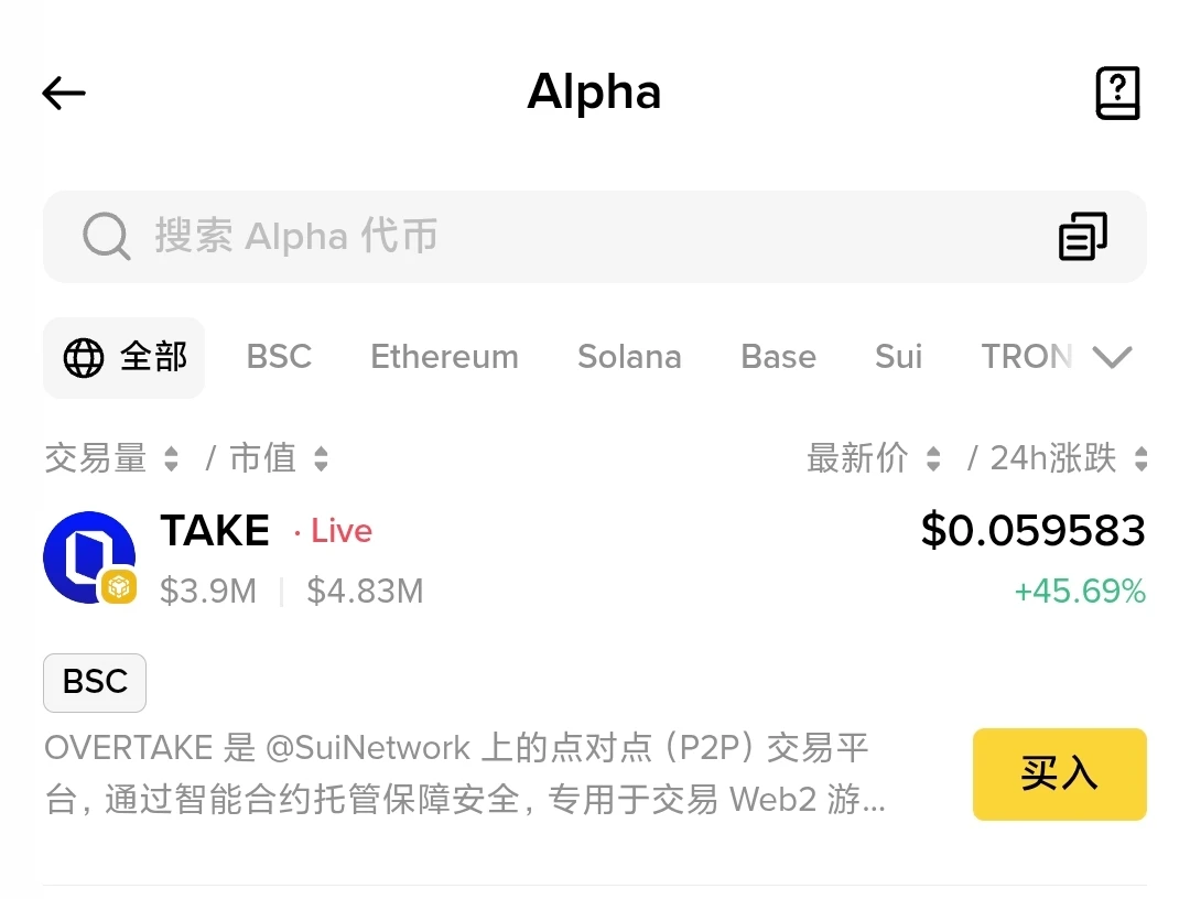 Binance Alpha官方页面上线TAKE代币