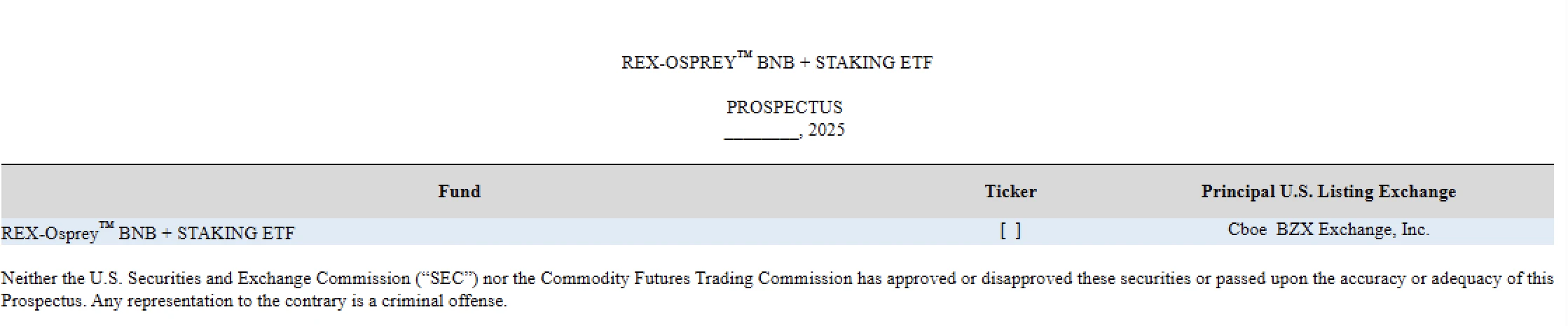 Rex Shares提交支持BNB质押ETF产品申请