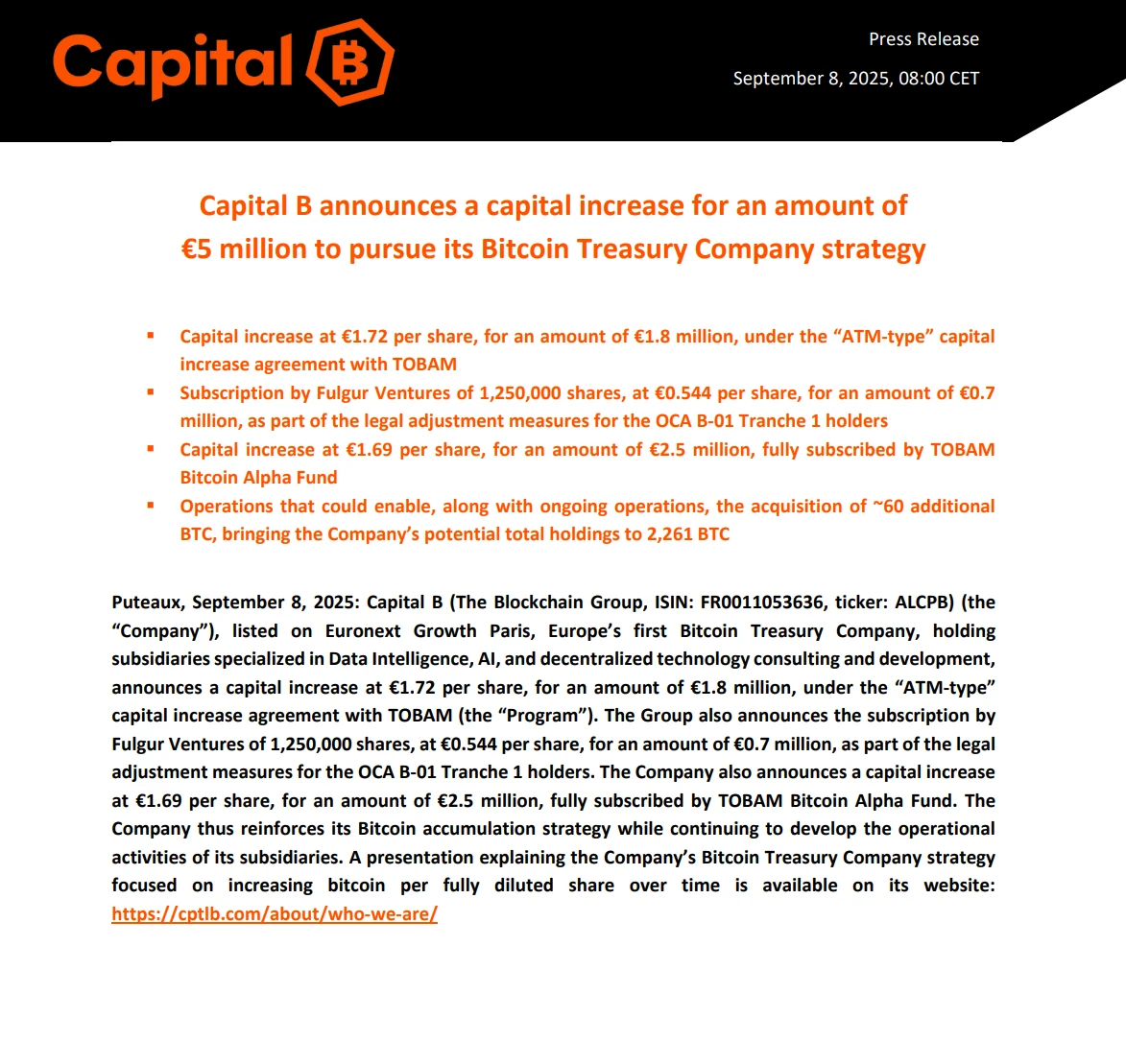 法国上市公司Capital B完成580万美元融资 计划增持60枚BTC