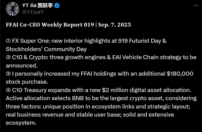 贾跃亭披露C10 Treasury新增200万美元配置，BNB成最大持仓币种