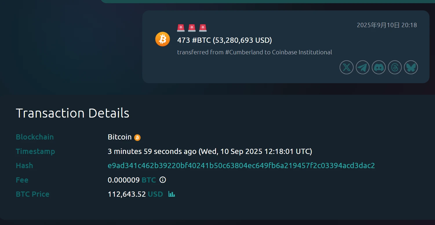 Cumberland向Coinbase Institutional转账473枚BTC
