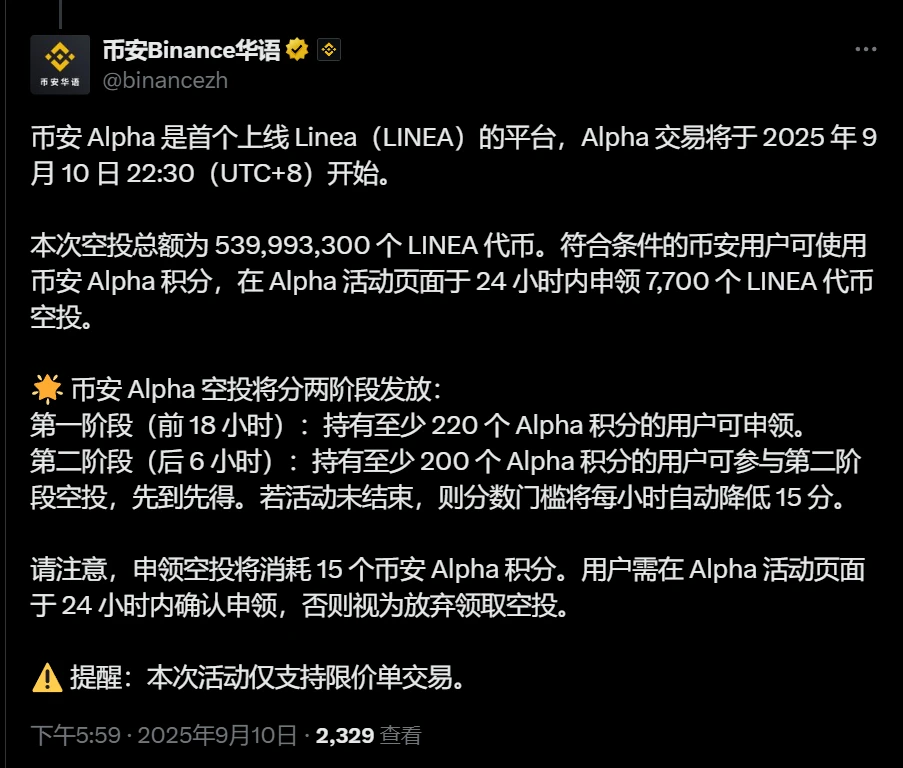 币安Alpha上线LINEA代币交易并启动双阶段空投活动